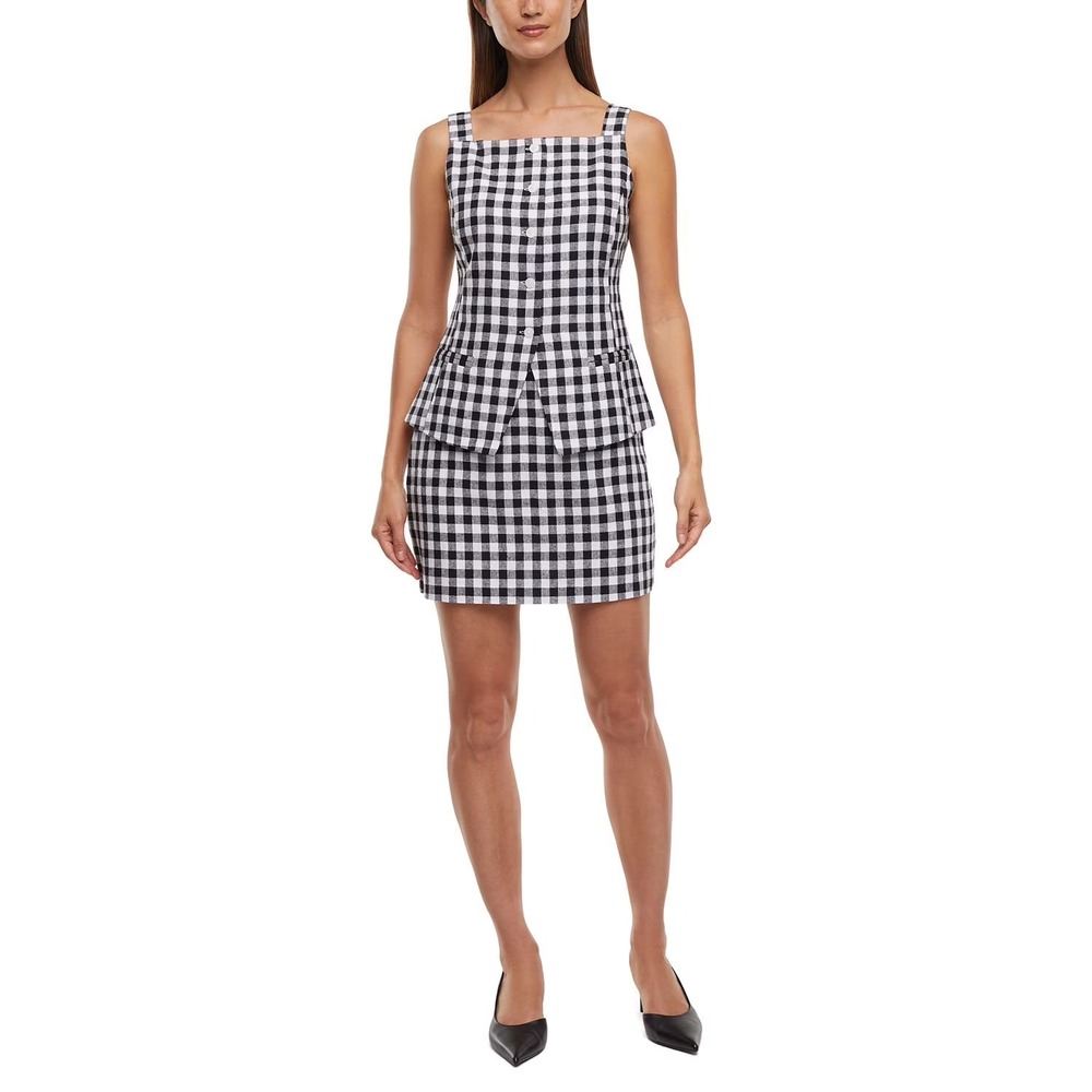NWT Express Women Linen Blend Button-Up Tank XXL Black White Gingham Square Neck